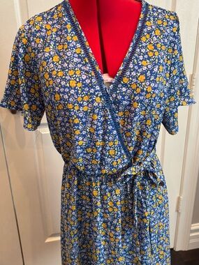 Blue Floral Wrap Dress with Yellow Accent - Women